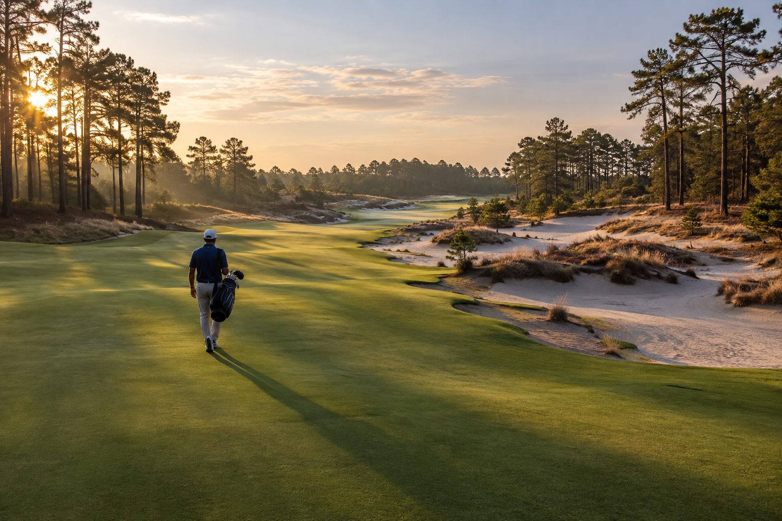Sandhills golf course with pine forest and sandy waste areas