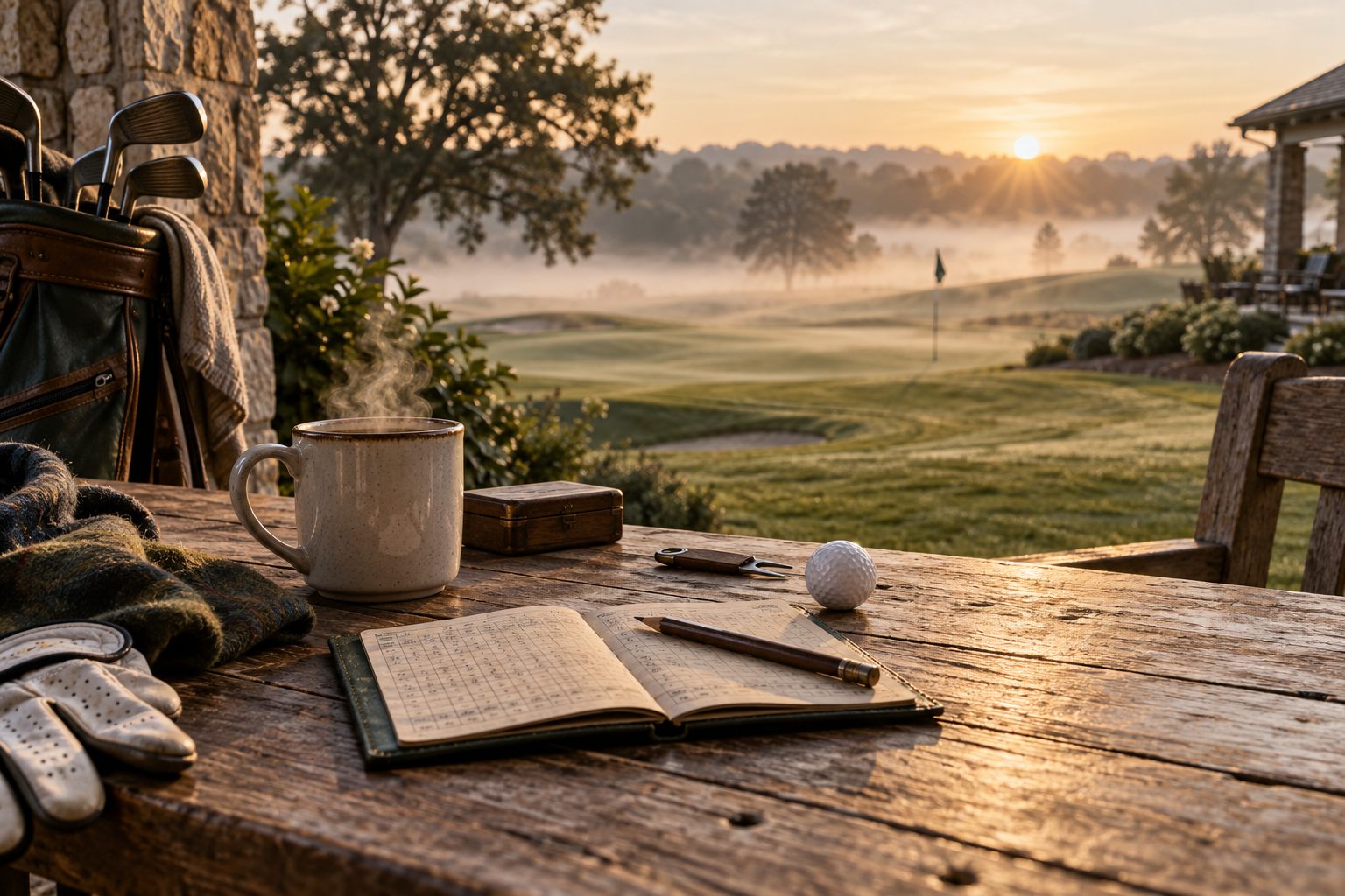 Scorecard and coffee beside a misty fairway